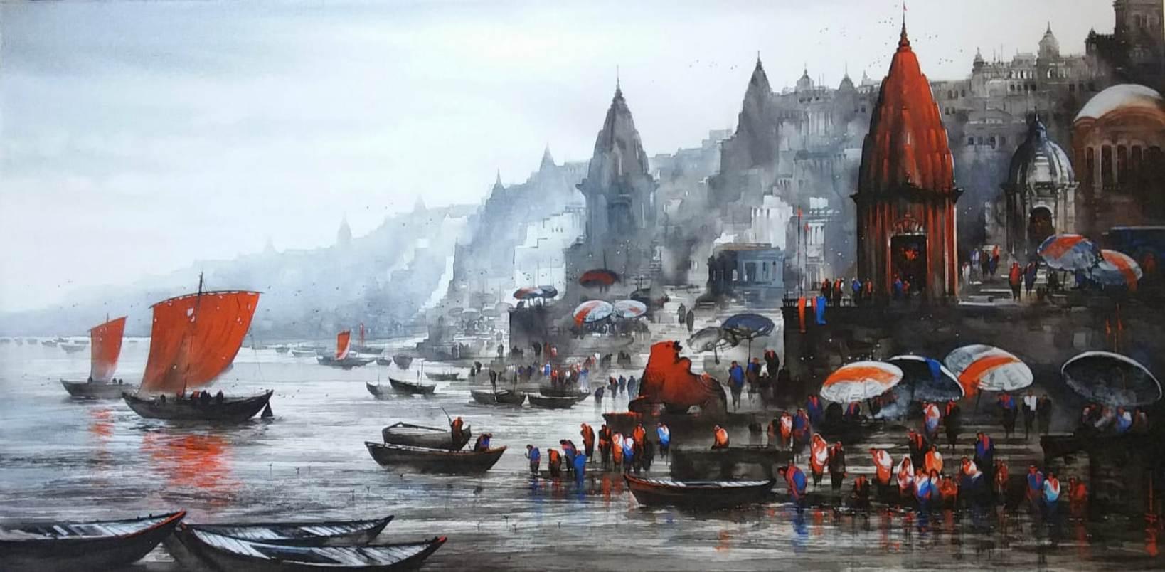 Banaras Ghat, Acrylic on Canvas, Red, Blue by Contemporary Artist "In Stock"