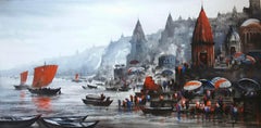 Banaras Ghat, acrylique sur toile, rouge, bleu par l'artiste contemporain « En stock »