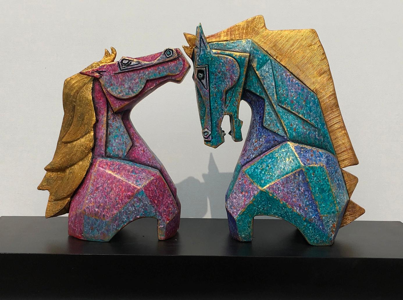 Dinkar Jadhav Figurative Sculpture - Caressing, Horses, Fibre Glass, Blue, Gold, Brown, Contemporary Artist"In Stock"