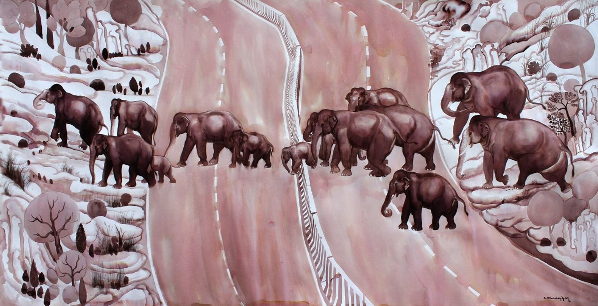 Migration, Gruppe von Elefanten, Tinte auf Papier von zeitgenössischer Künstlerin „ “Auf Lager“