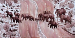 Migration, Group of Elephants, Ink on paper by Contemporary Artist "In Stock"