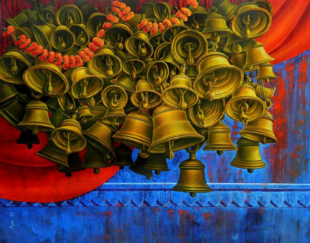 Aradhana, Acrylic on Canvas, Red, Blue, Yellow Contemporary Artist 