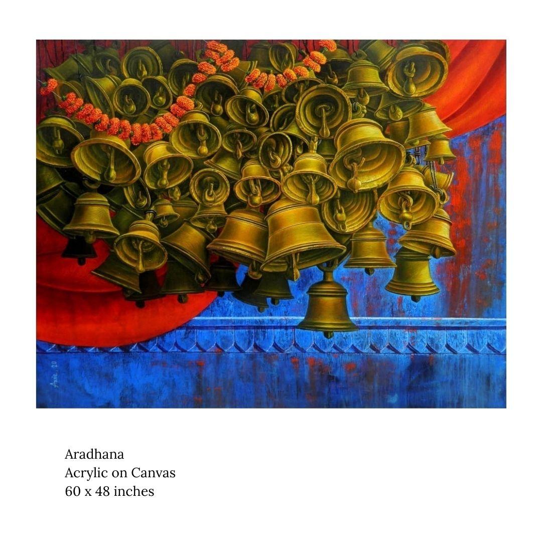 Aradhana, zeitgenössischer Künstler, Acryl auf Leinwand, Rot, Blau, Gelb, „Auf Lager“