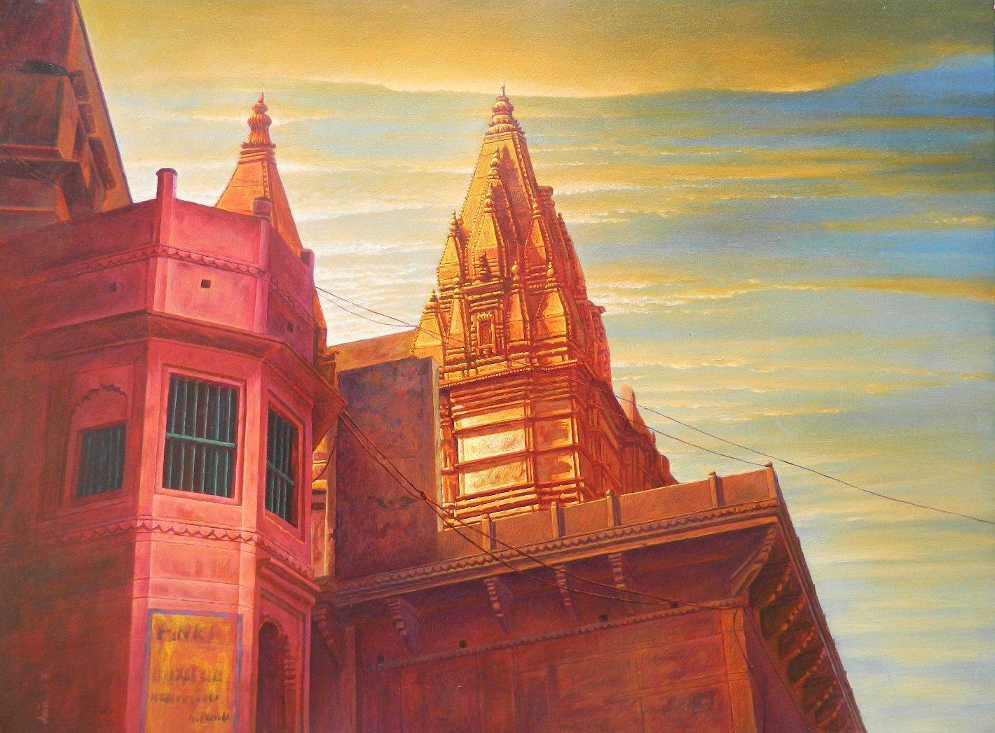 Varanasi X, Acrylic on Canvas, Red, Yellow Contemporary Artist 