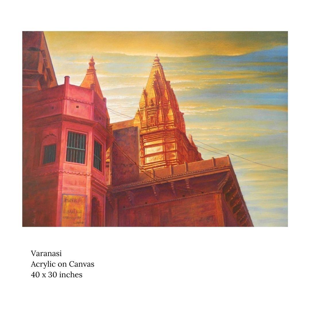 Anil Kumar Yadav Interior Painting - Varanasi X, Acrylic on Canvas, Red, Yellow Contemporary Artist "In Stock"