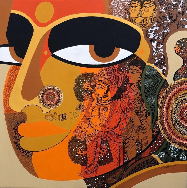 Bolgum Nagesh Goud Figurative Painting - Parvathi Maa, Metallic Acrylic & Ink on Canvas Contemporary Artist "In Stock"