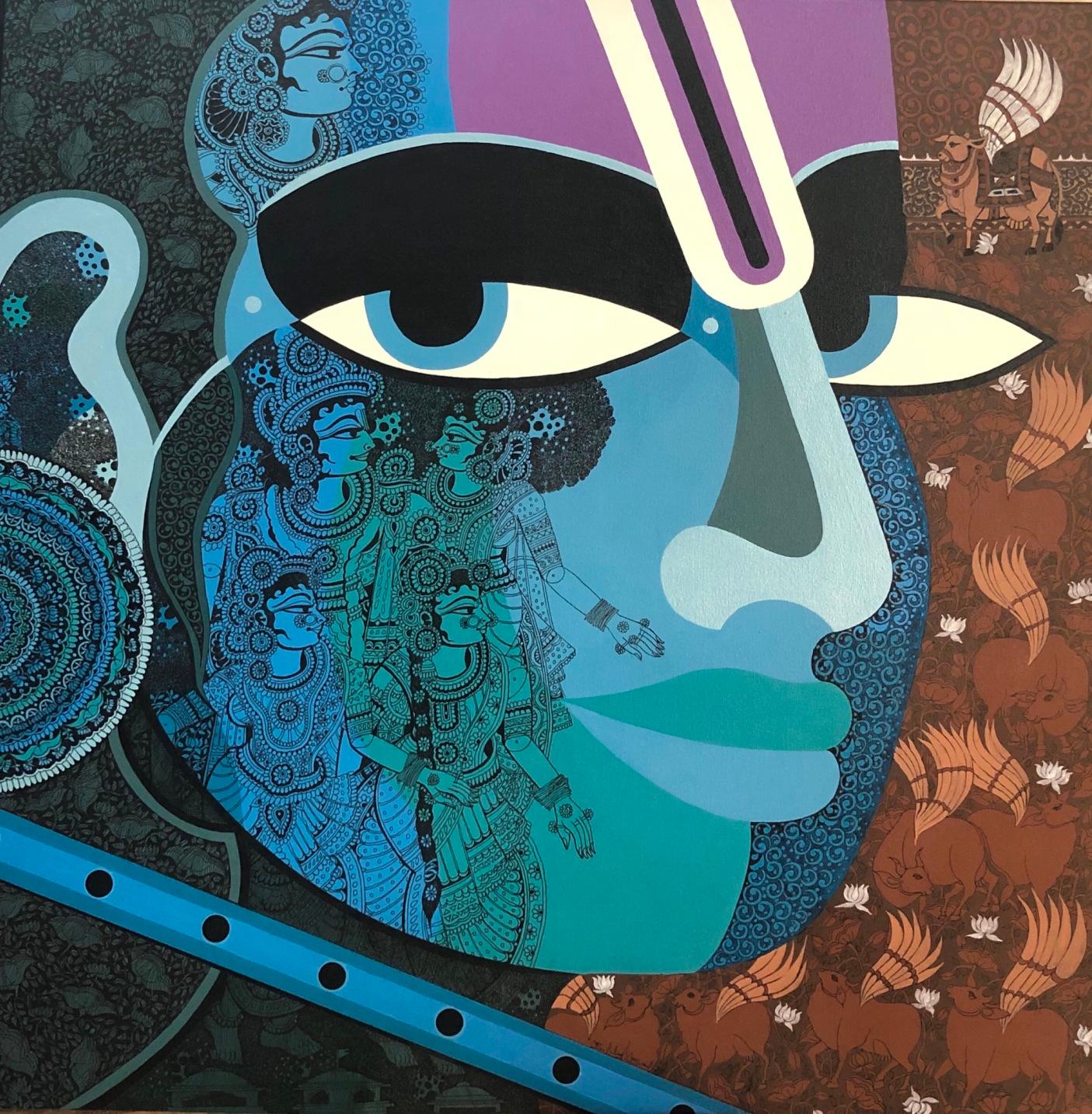 Krishna, Metallic Acrylic & Ink on Canvas Contemporary Artist "In Stock"