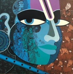 Krishna, Metallic Acrylic & Ink on Canvas Contemporary Artist "In Stock"
