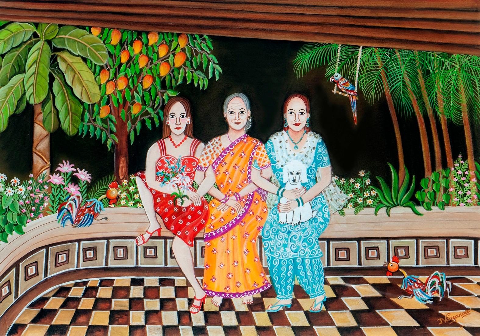 Nayanaa Kanodia Figurative Painting - The Verandah, Mixed Media on Paper, Red, Green by Contemporary Artist "In Stock"