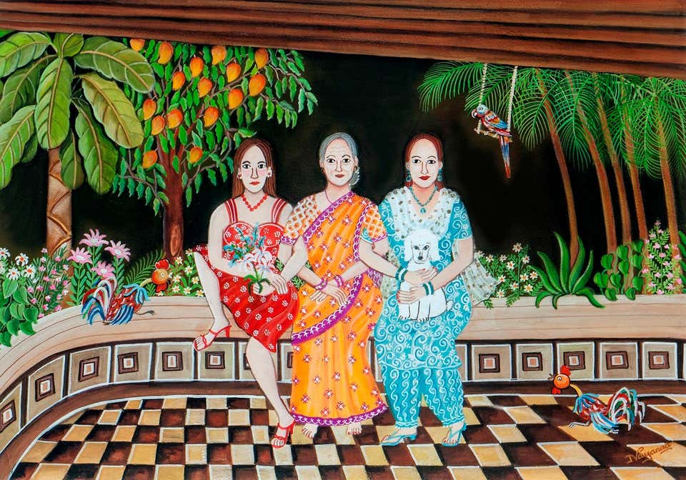 The Verandah, Mixed Media on Paper, Red, Green by Contemporary Artist "In Stock"