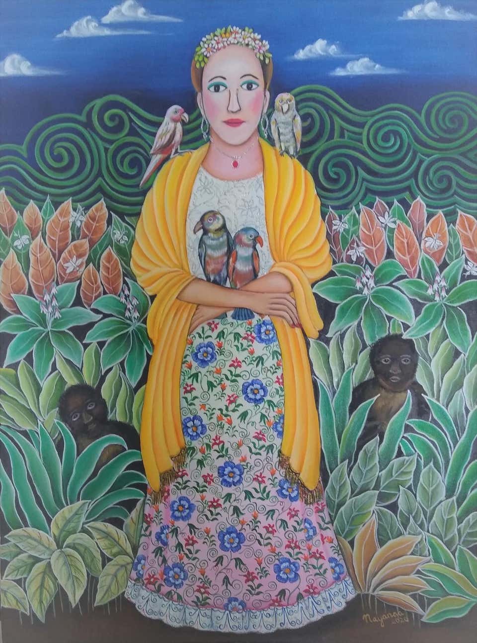 Senorita, Oil on Canvas, Yellow, Green by Contemporary Artist "In Stock"