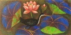 Lotus Pond-2, Tempera on Canvas, Blue, Green by Contemporary Artist "In Stock"