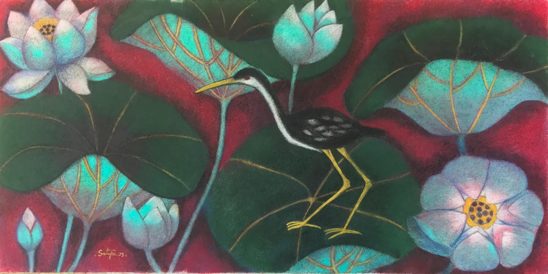 Sutapa Khan Figurative Painting - Lotus Pond-1, Tempera on Canvas, Red, Green by Contemporary Artist "In Stock"