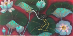 Lotus Pond-1, Tempera sur toile, Rouge, Vert par Artistics Contemporary "En stock"