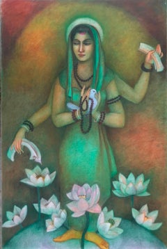 Bharat Mata, Tempera sur toile, rouge, vert, de l'artiste contemporain « En stock »