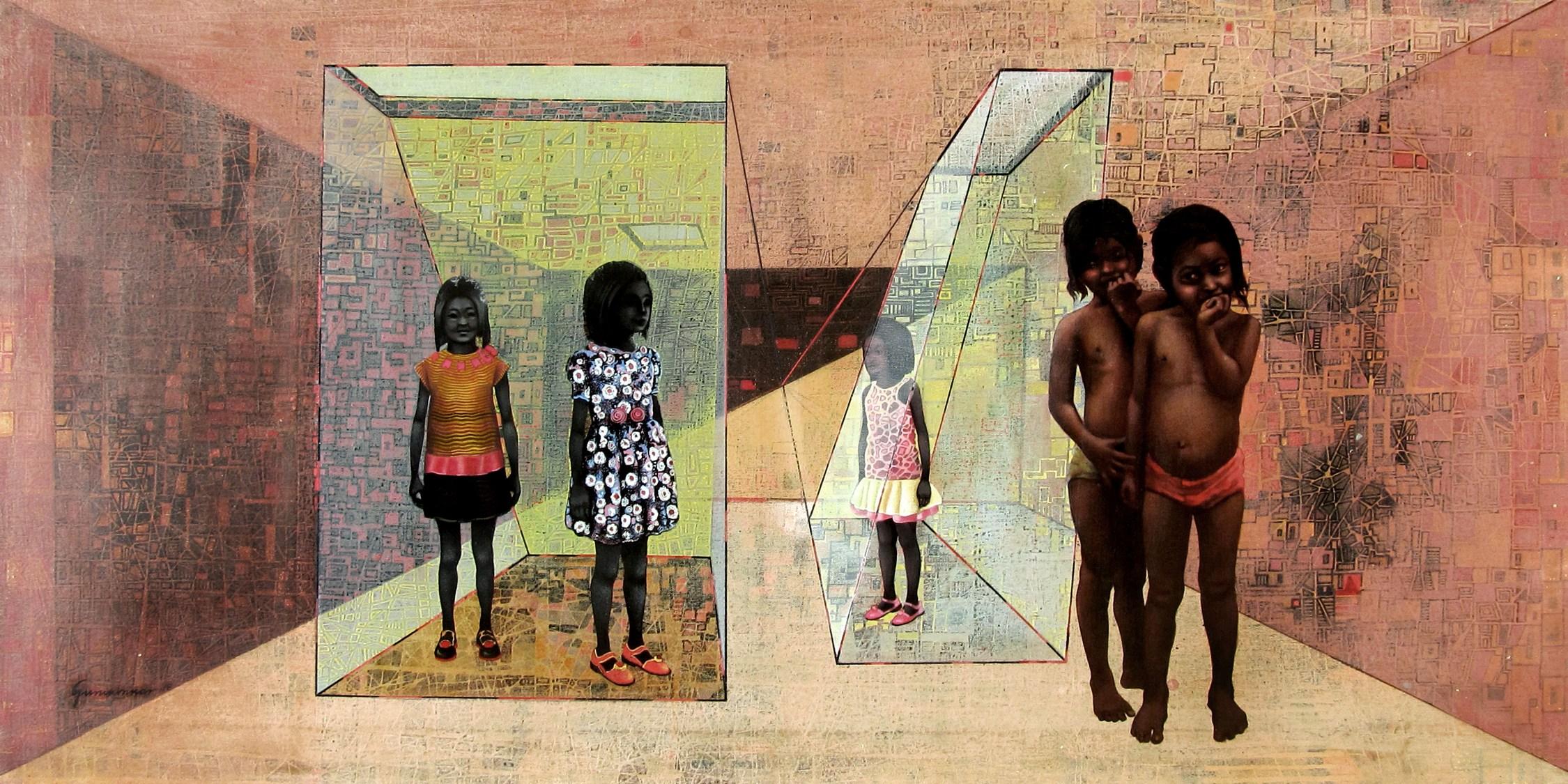 Dream Lives, Mixed Media auf Leinwand, Rosa, Gelb von indischer Künstler, „Auf Lager“