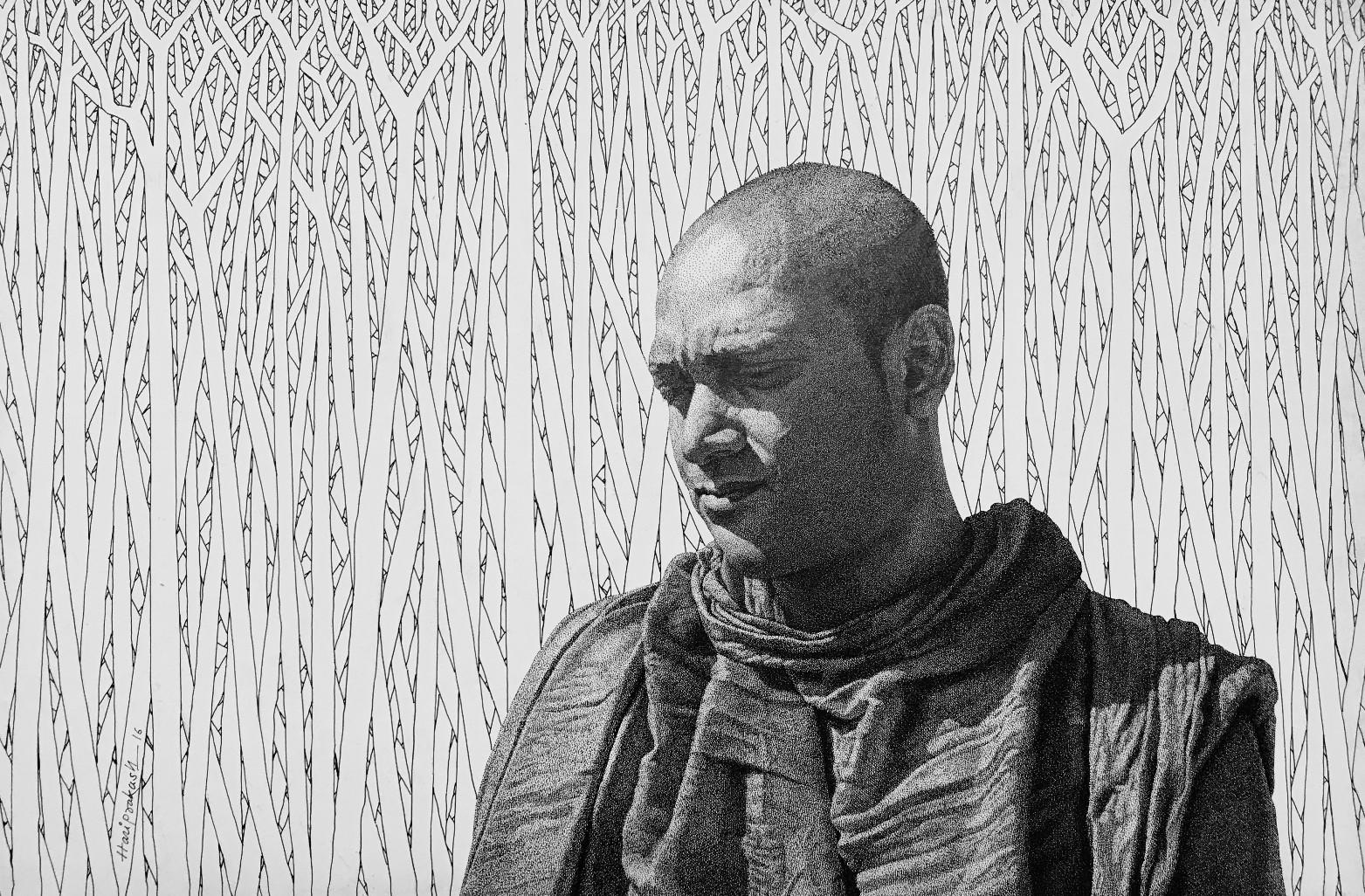 Monk-16-XI, Stift und Tinte auf Leinwand, Schwarz-Weiß von indischer Künstler „In Stock“
