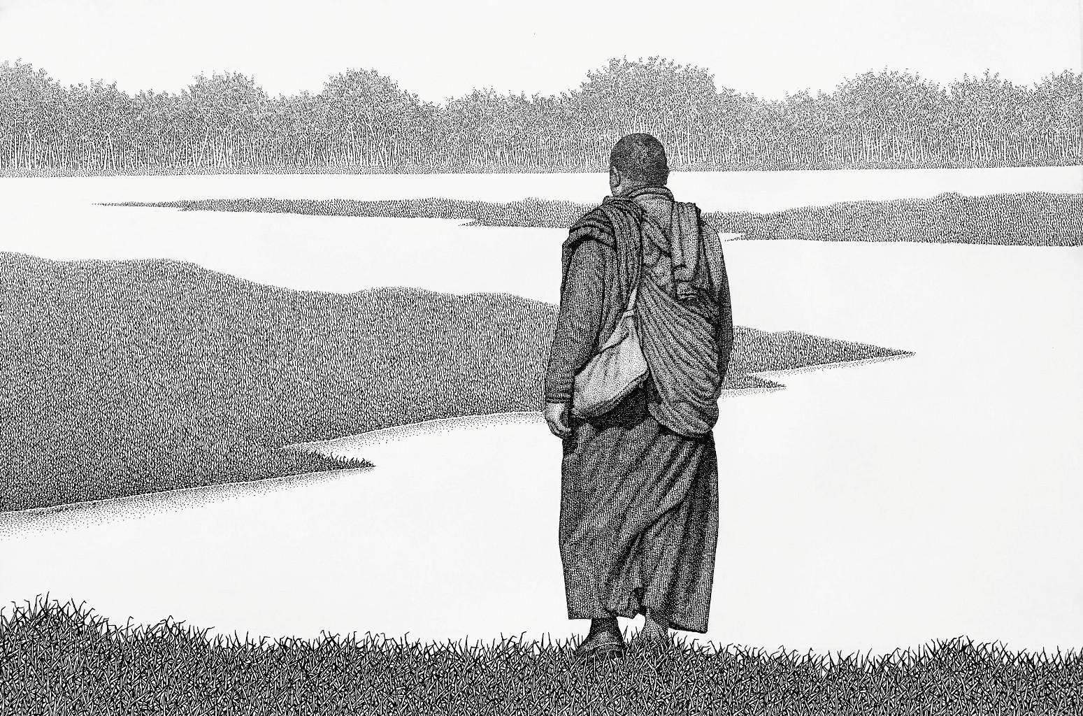 Monk-19-II, stylo et encre sur toile, noir et blanc de l'artiste indien « En stock »