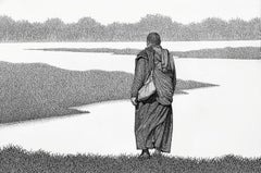 Monk-19-II, Pen & Ink on Canvas, Black & White by Indian Artist "In Stock"