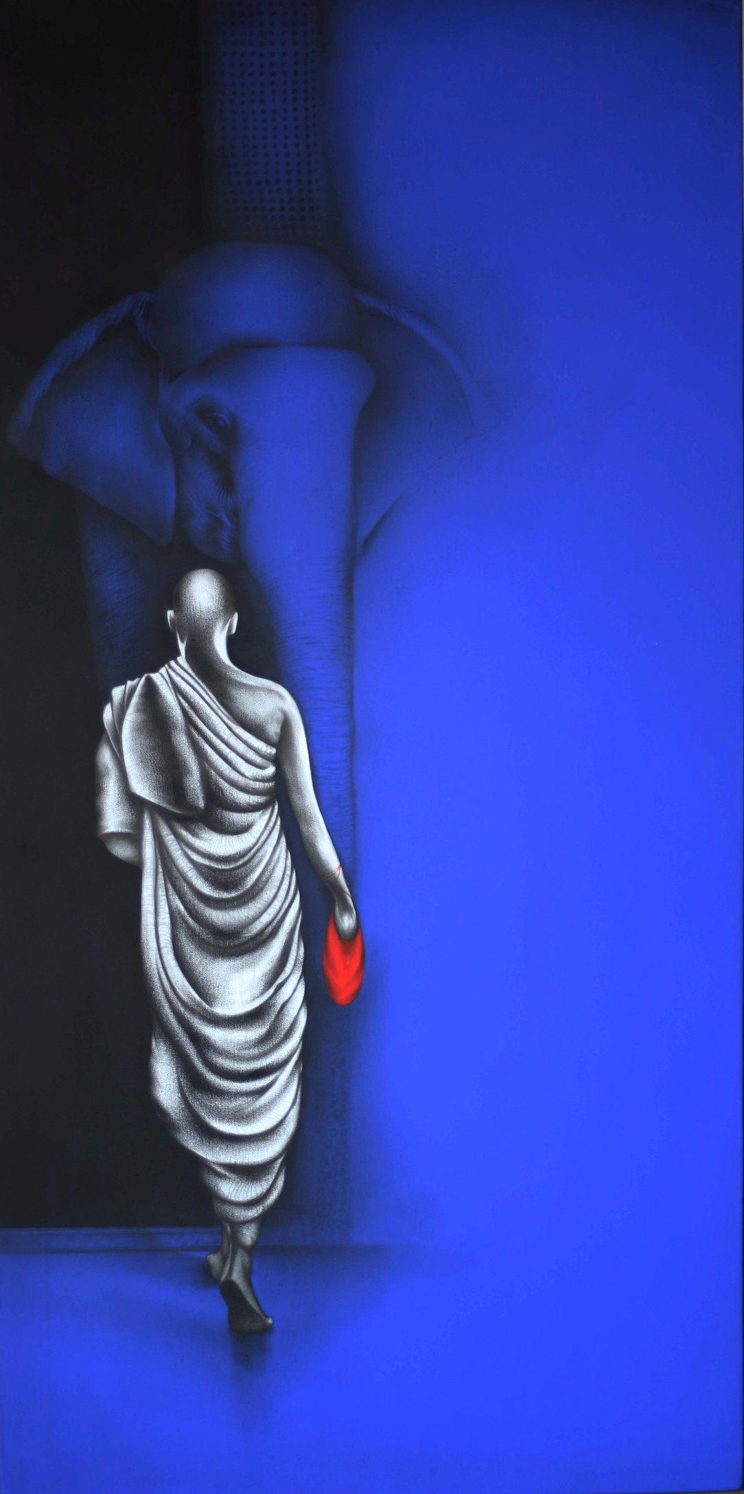Monk, Charcoal on Canvas Blue, Black, White colour by Indian Artist "In Stock"