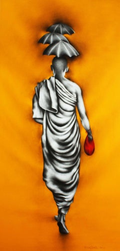 Monk, Charcoal on Canvas Yellow, Black, White colour by Indian Artist "In Stock"