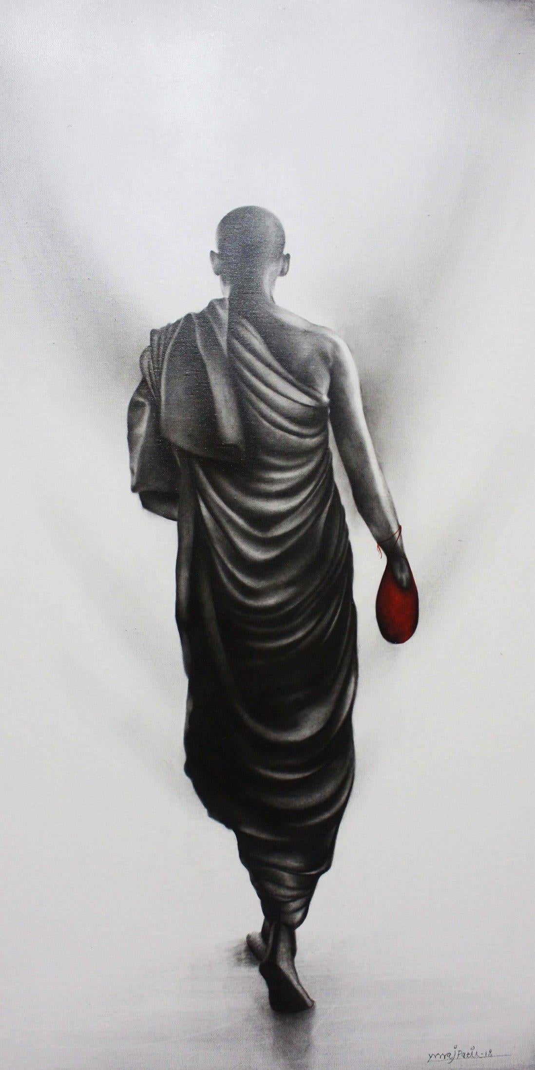 Yuvraj Patil Figurative Painting - Monk, Charcoal on Canvas Black & White colours by Indian Artist "In Stock"