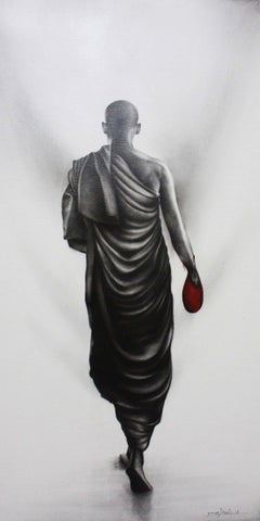 Monk, Charcoal on Canvas Black & White colours by Indian Artist "In Stock"