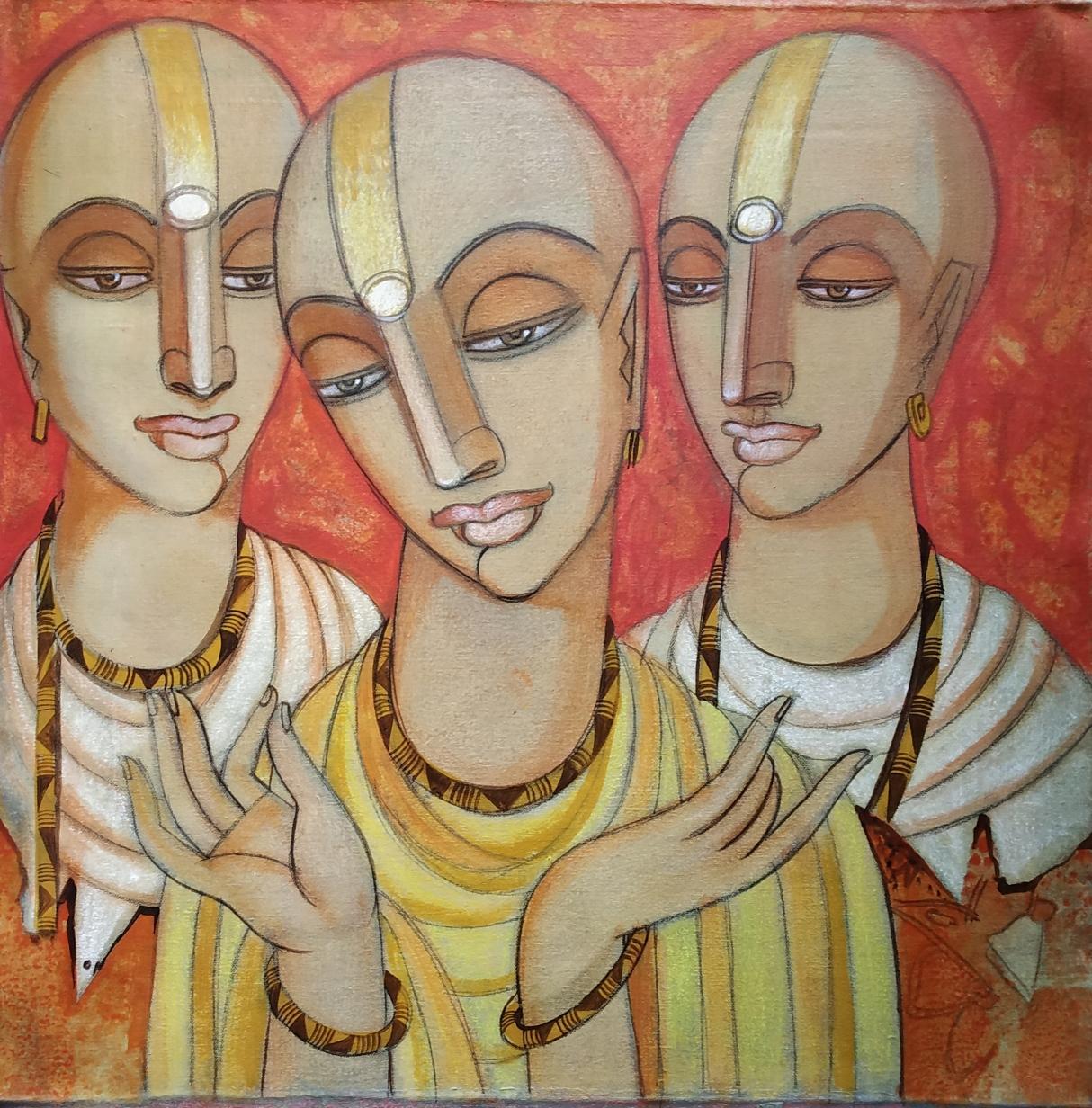 Pandits, Dry Pigment Tempera on Canvas, Red, Yellow by Indian Artist "In Stock"