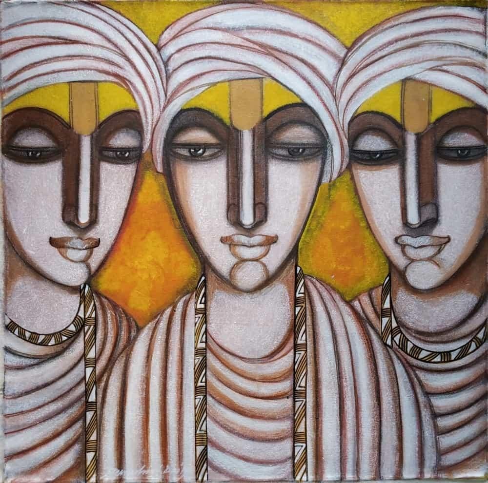 Dewashish Das Figurative Painting – Pandits, Tempera mit trockenem Pigment auf Leinwand, schwarz, gelb von indischer Künstler, „Auf Lager“