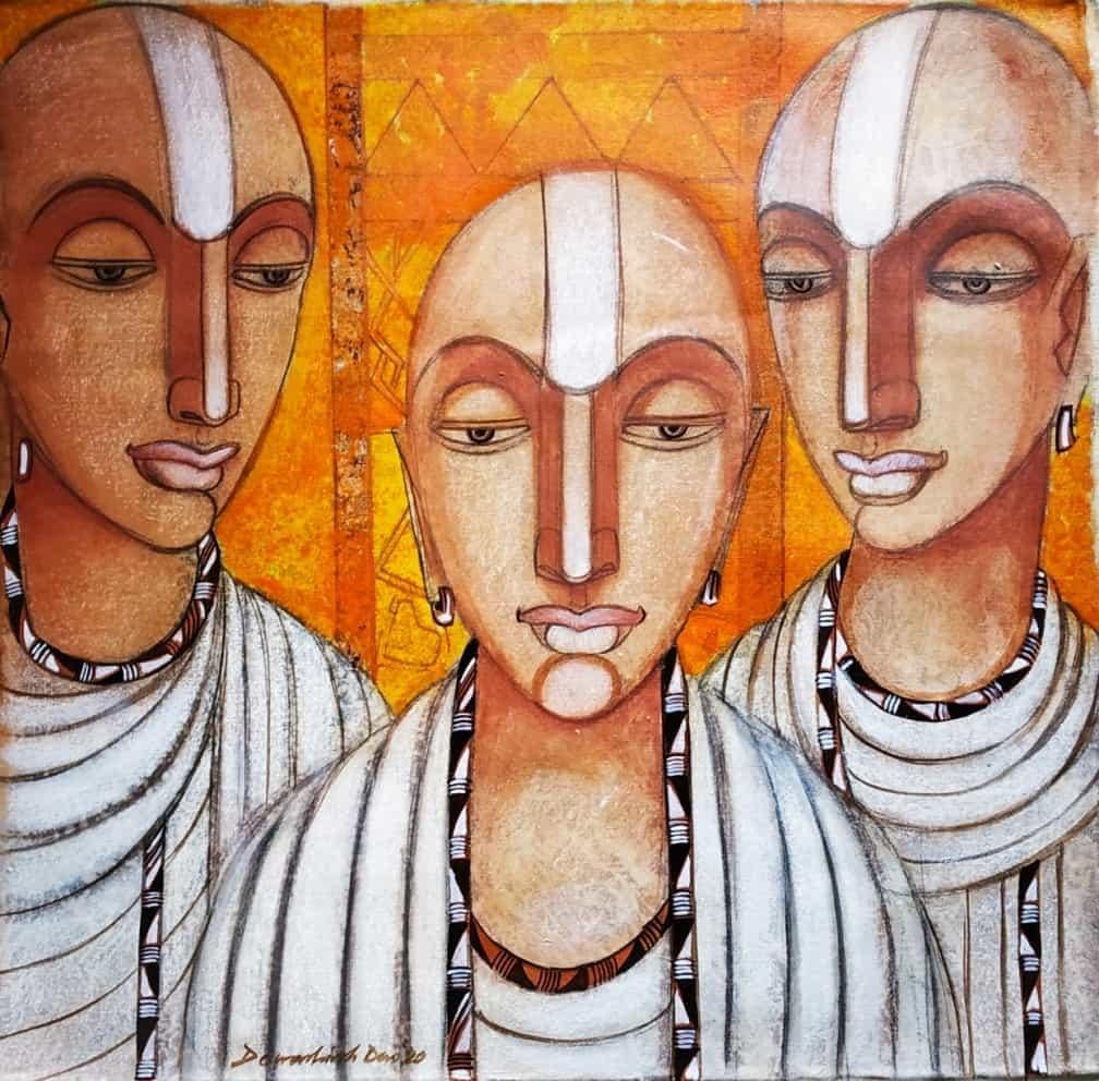 Dewashish Das Figurative Painting - Pandits, Dry Pigment Tempera on Canvas, Black, Yellow by Indian Artist "In Stock"