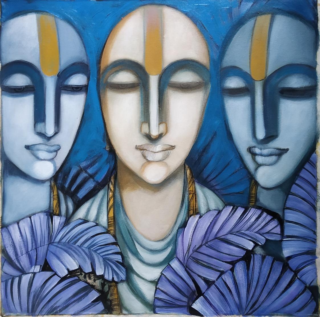 Dewashish Das Figurative Painting – Pandits, Tempera mit trockenem Pigment auf Leinwand, Schwarz, Blau von indischer Künstler, „Auf Lager“