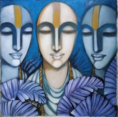 Pandits, Tempera a pigmento secco su tela, Nero, Blu di Artista Indiano "In magazzino"