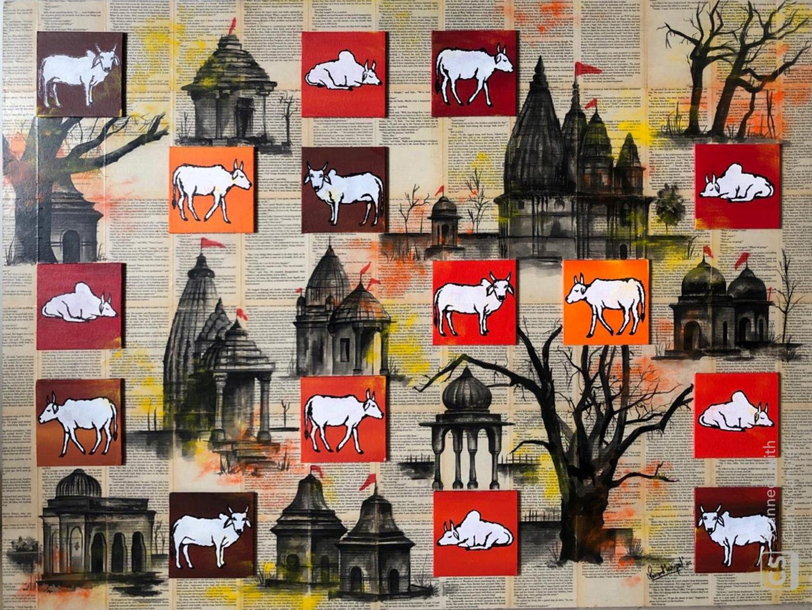 Mixed Media Tinte & Acryl auf Leinwand auf Holz mit Titel des indischen Künstlers „In Stock“