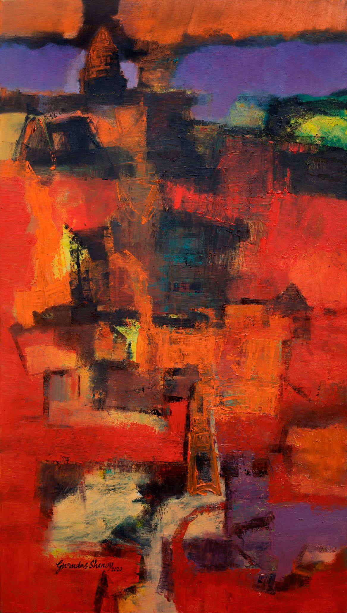 Red Landscape, Oil on Canvas, Red, Blue, Yellow by Indian Artist "In Stock"