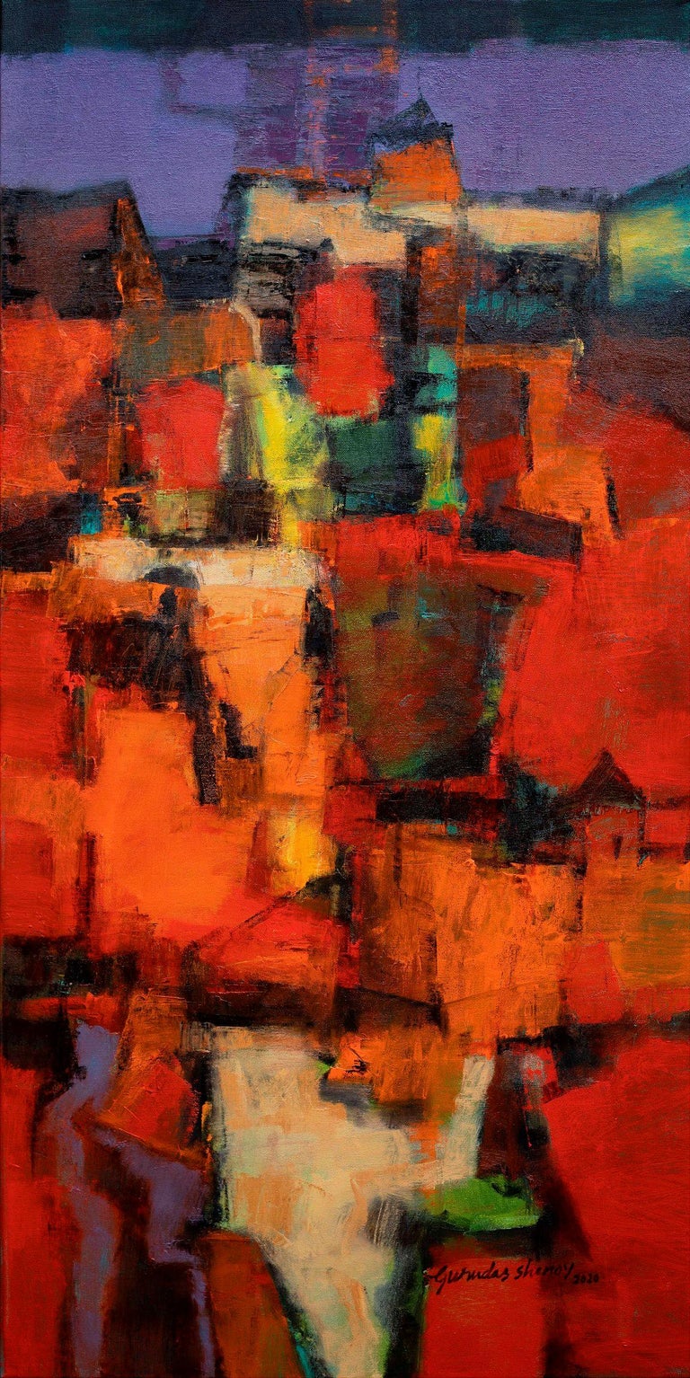 Gurudas Shenoy Red Landscape, Oil on Canvas, Red, Blue, Yellow by Indian Artist "In Stock" For