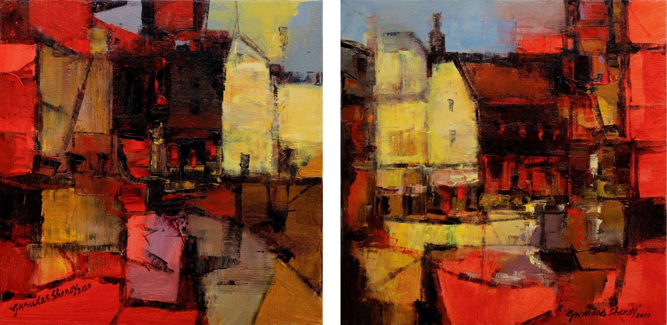 Abstract Painting Gurudas Shenoy - Europe Studio, huile sur toile, rouge, bleu, jaune par l'artiste indien « en stock »
