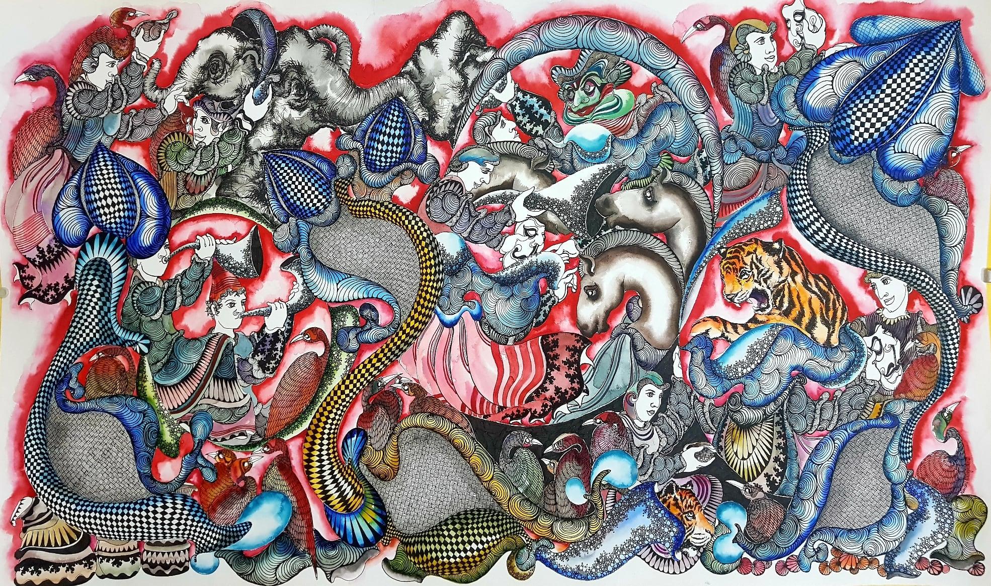 Untitled, Pen & Ink & Watercolor on Paper by Contemporary Artist "In Stock"