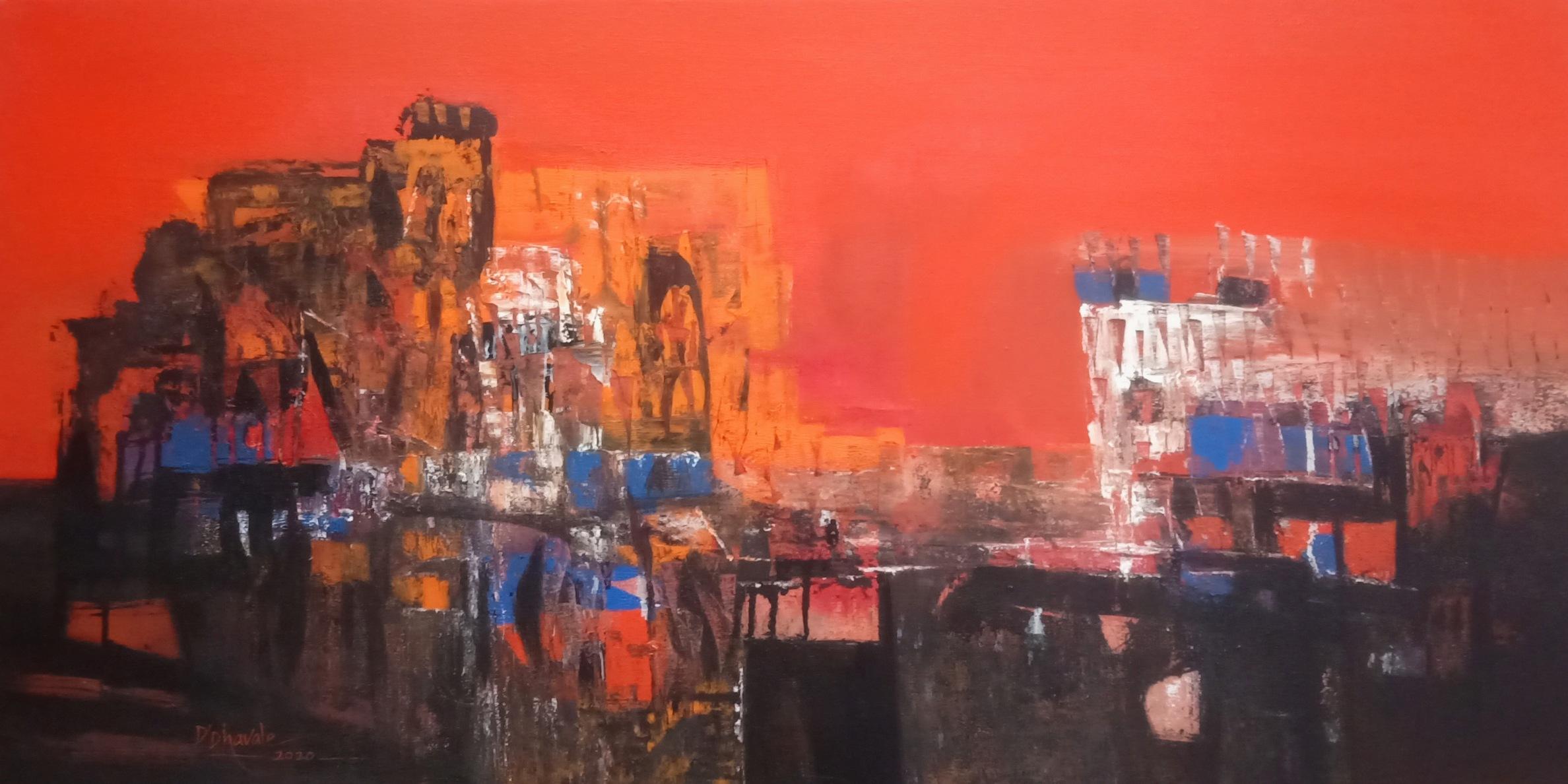Dnyaneshwar Dhavale Interior Painting - Untitled, Acrylic on Canvas, Orange, Black by Contemporary Artist "In Stock"