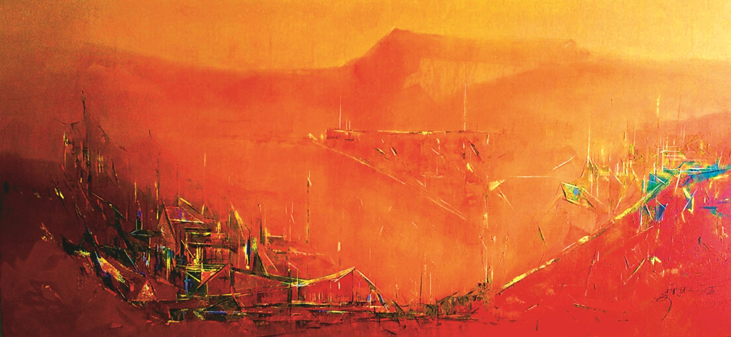 Abstract Painting de Dnyaneshwar Dhavale - Sin Título, Acrílico sobre Lienzo, Naranja, Negro por Artista Contemporáneo "En Stock"