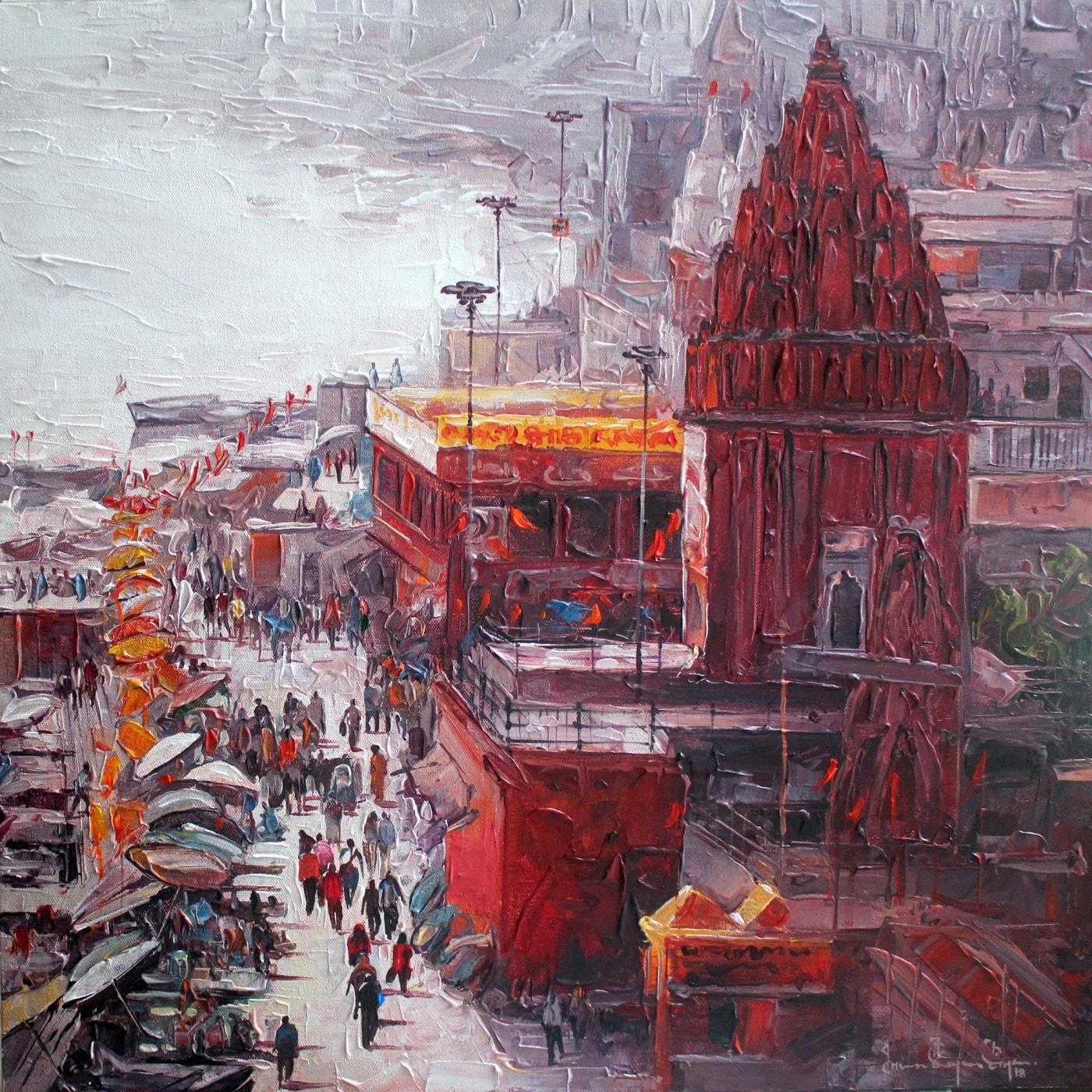 Varanasi, Acrylic on Canvas, Red, Orange by Contemporary Artist "In Stock"