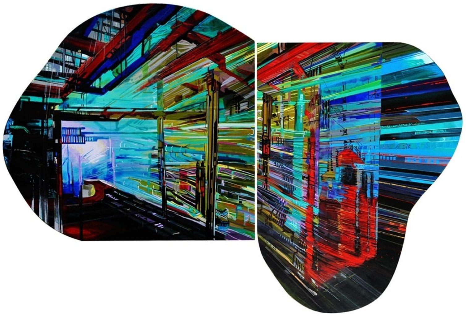 Abstract Painting Suparna Mondal - Flow Turning Flow, acrylique sur toile, rouge, bleu, de l'artiste contemporain « en stock »