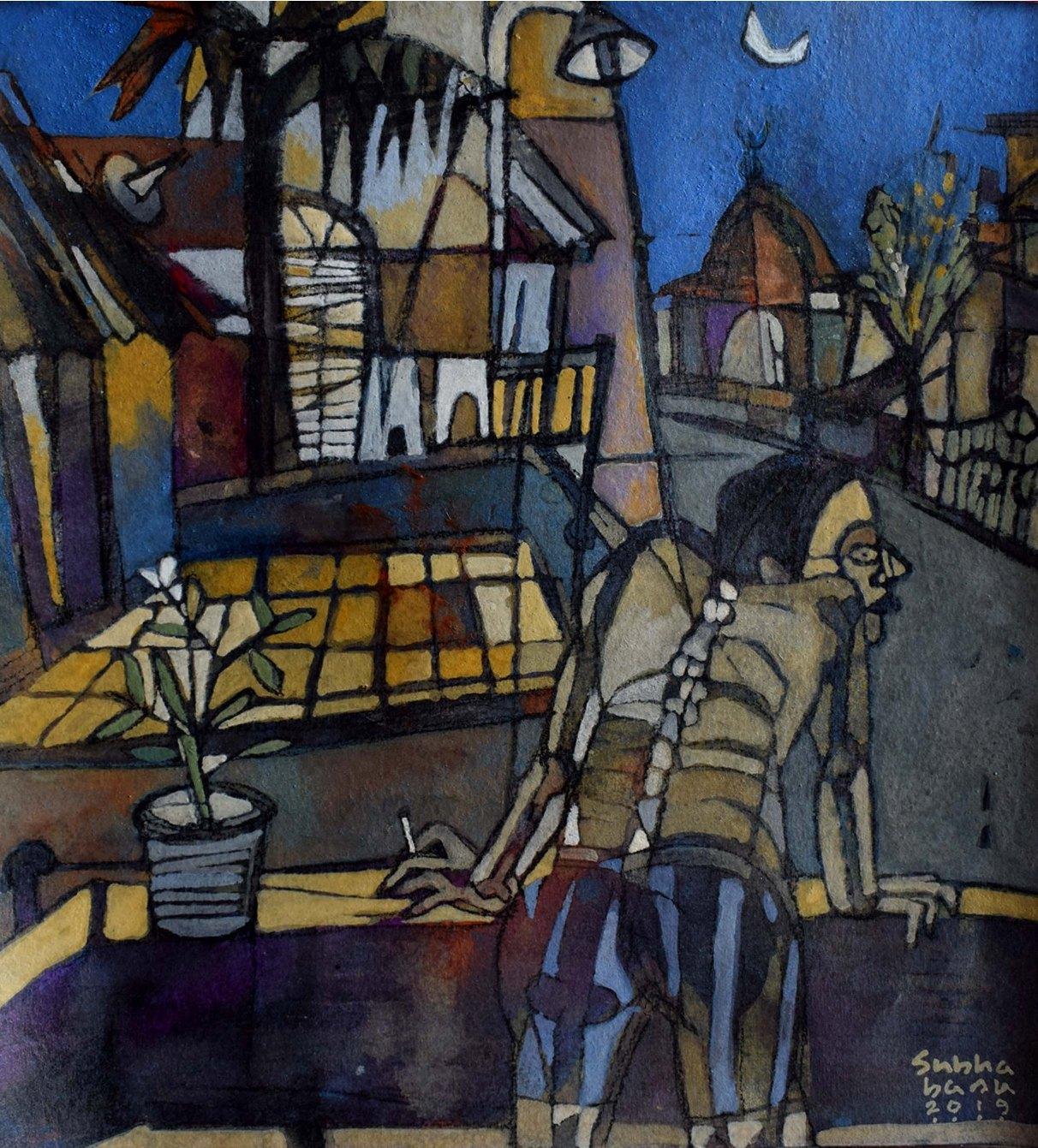 Subha Basu Figurative Painting - Alone in the Roof, Tempera & Charcoal on Acid Free Paper by Indian Artist-Stock