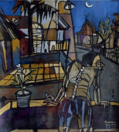 Alone in the Roof, Tempera & Charcoal on Acid Free Paper de l'artiste indien - Stock