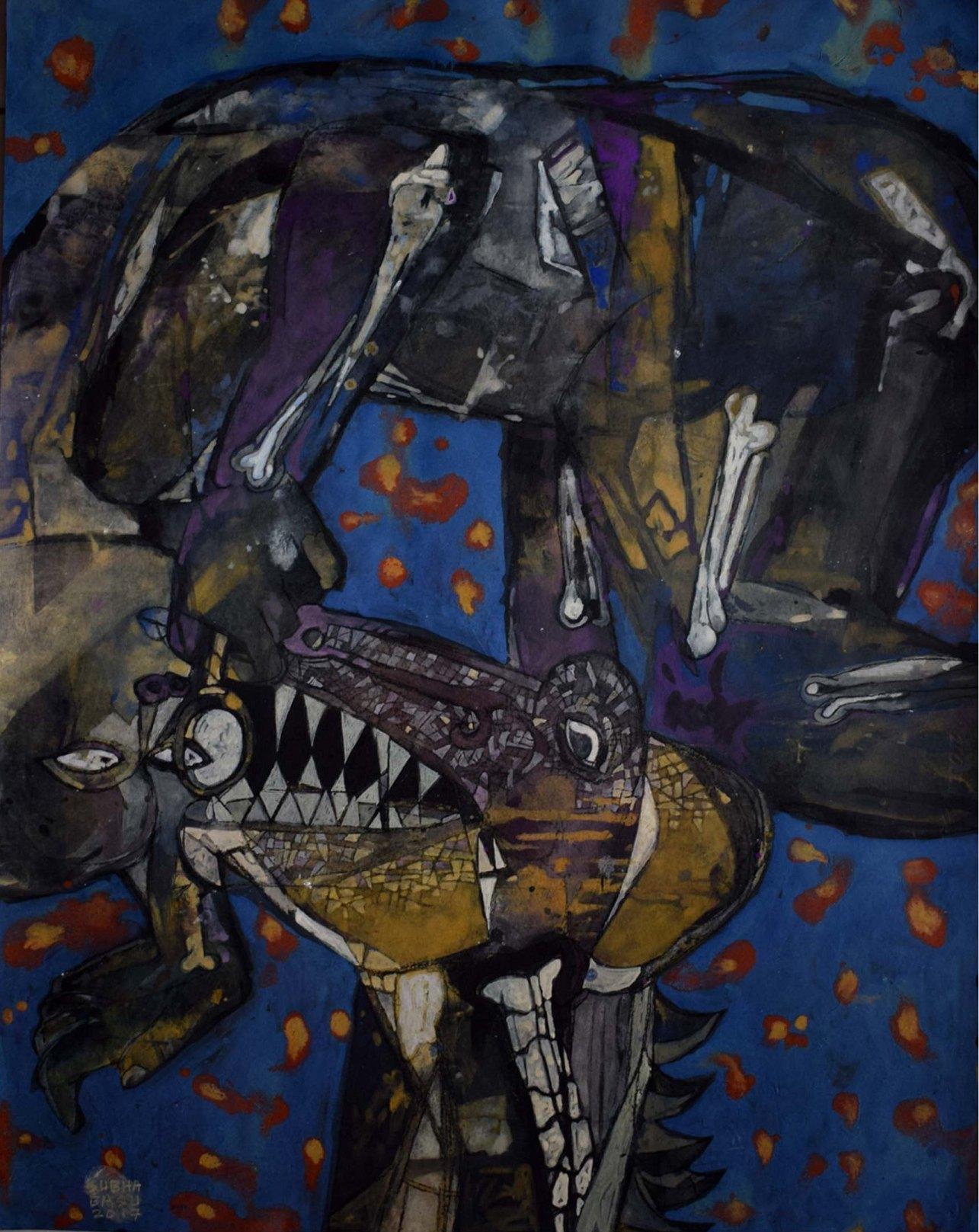 Prehistoric, Tempera sur papier, bleu, noir, de l'artiste contemporain « En stock »