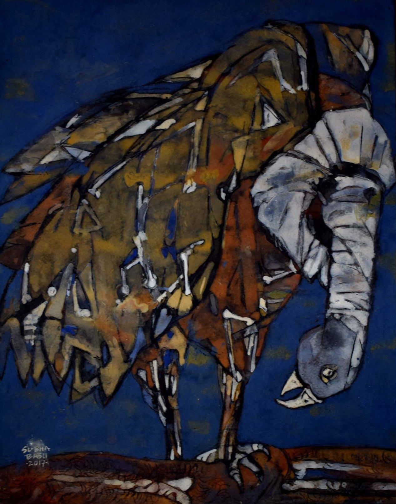 L'oiseau, Tempera sur papier, bleu, noir, de l'artiste contemporain « en stock »