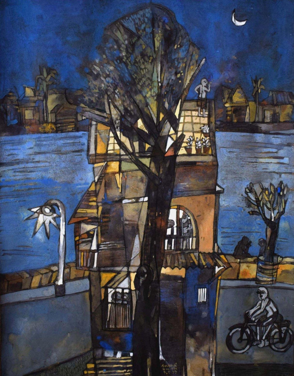 Subha Basu Figurative Painting - The House Beside River, Tempera & Charcoal on Acid Free Paper "In Stock"