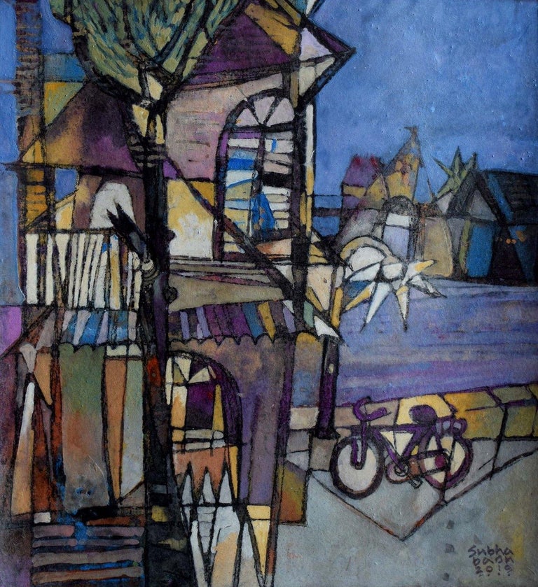 Subha Basu The House Tempera And Charcoal On Acid Free Paper Blue Brown Colours In Stock For Sale At 1stdibs