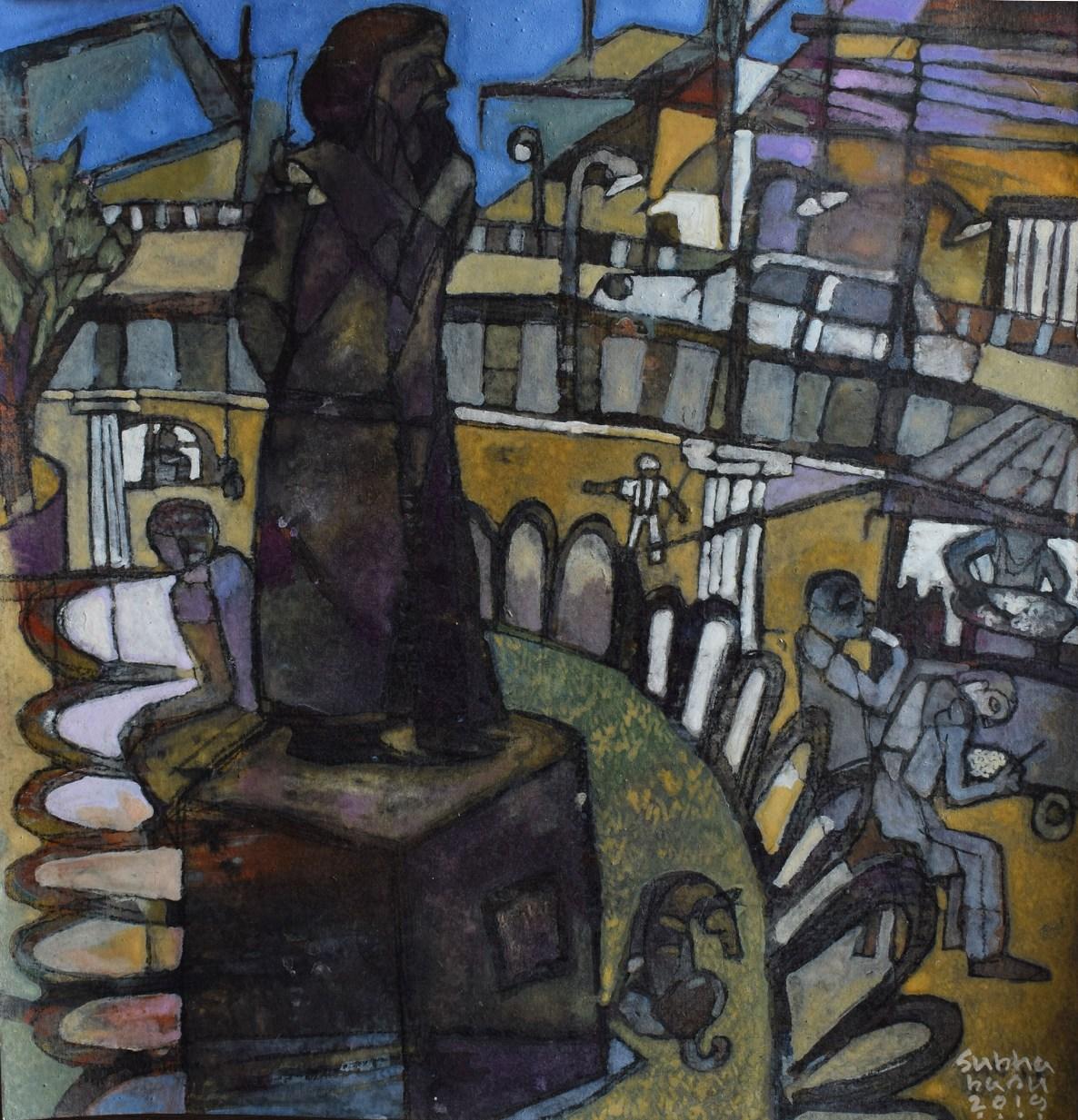 The Statue, Tempera on Acid Free Paper, Blue, Brown colours by Indian "In Stock" - Art by Subha Basu