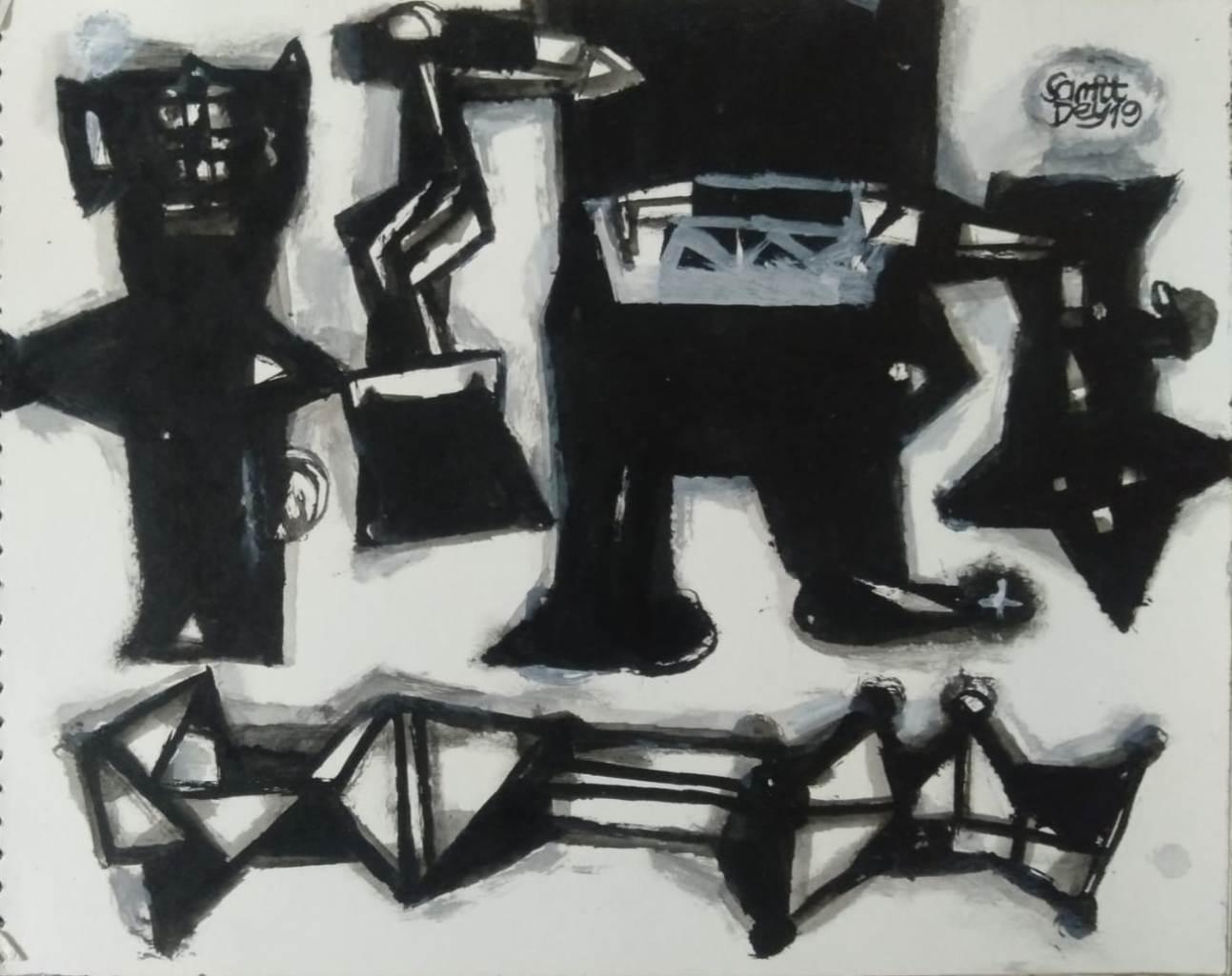 Khoj, acrylique sur papier, couleurs noires et blanches par l'artiste contemporain « En stock »