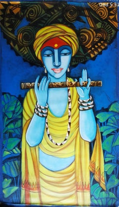 Krishna, acrylique sur toile, couleurs bleues et jaunes de l'artiste indien « en stock »